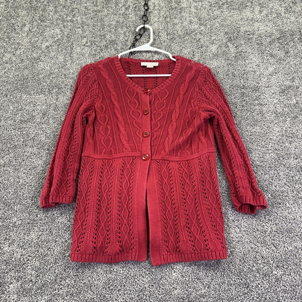 Christopher & Banks Sweater Cardigan Womens S Red Cable Knit 3/4 Sleeve Casual